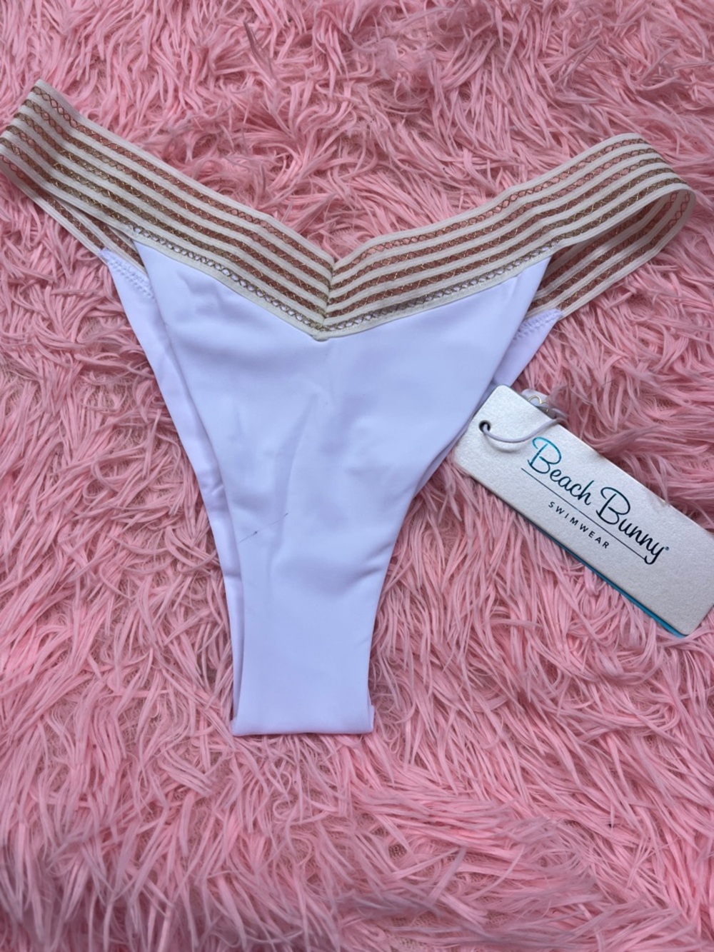 Beach Bunny White Bikini Tango Bottom with Gold Striped Waistband